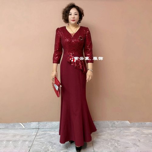 时尚气质喜婆婆礼服年轻款妈妈高贵旗袍连衣裙洋气鱼尾晚礼服长裙