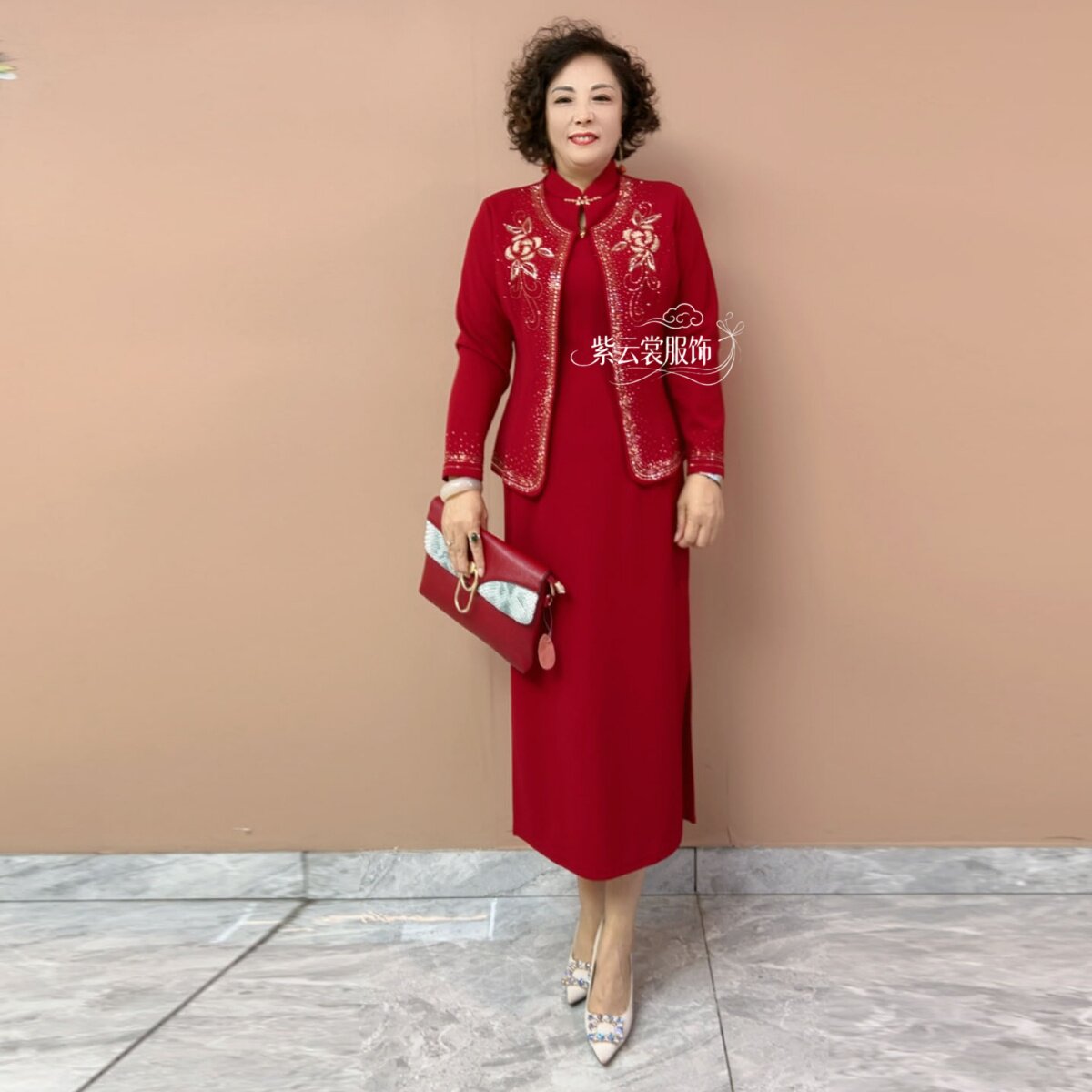 结婚妈妈装礼服高贵喜婆婆婚宴装时尚洋气丈母娘旗袍两件套连衣裙