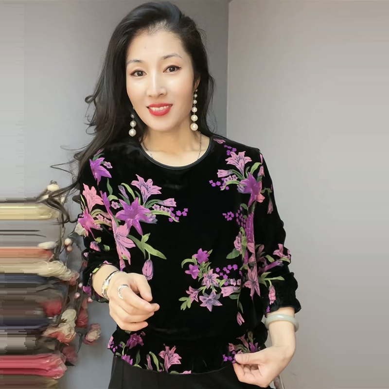 高端春秋时尚减龄妈妈宽松大码长袖金丝植绒遮肉显瘦气质小衫上衣