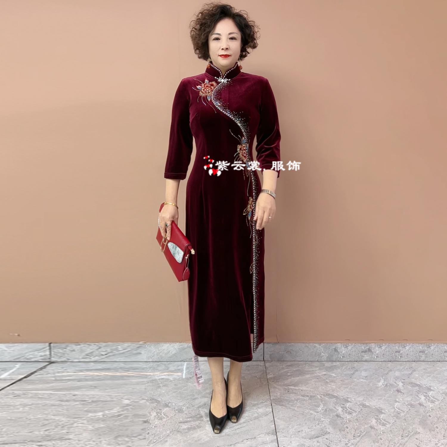 喜妈妈婚礼服高端轻奢喜婆婆婚宴装秋冬新款结婚旗袍年轻款连衣裙