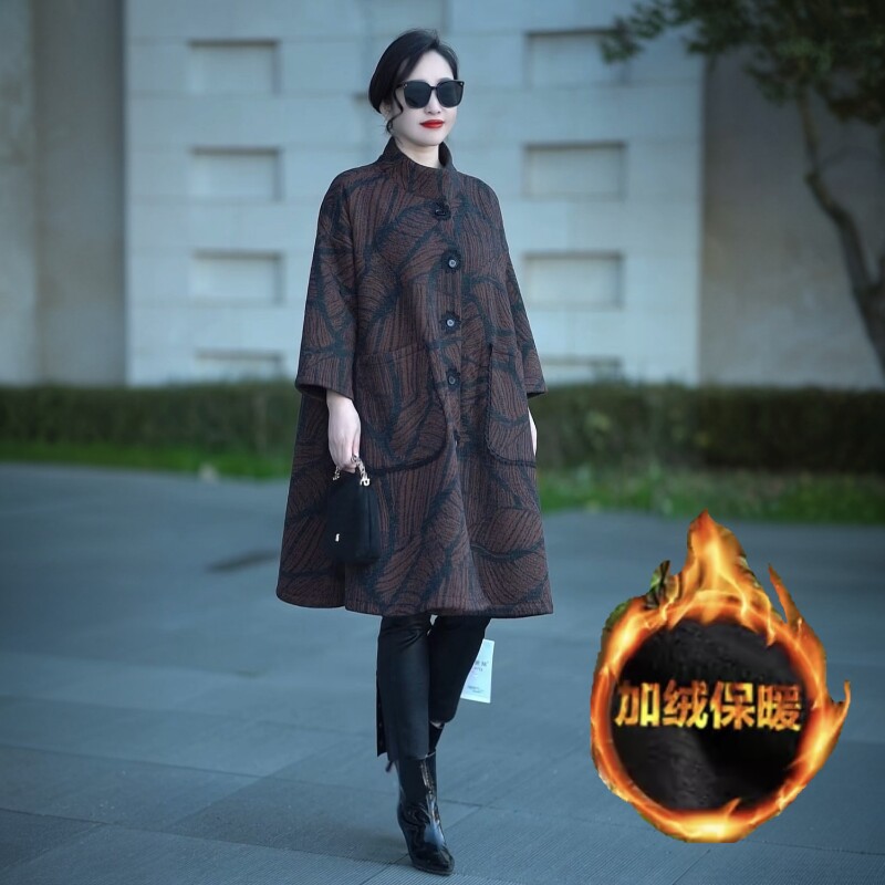 高档阔太太羊绒提花风衣秋冬宽松气质立领中长款加绒保暖大衣外套