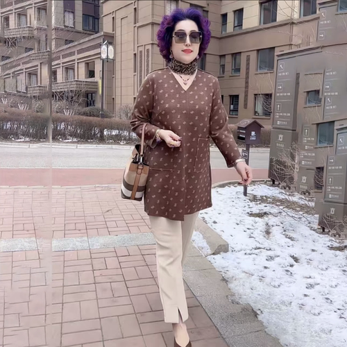 高贵气质春秋洋气妈妈宽松遮肚子中长款大版衫空气棉遮肉两件套装