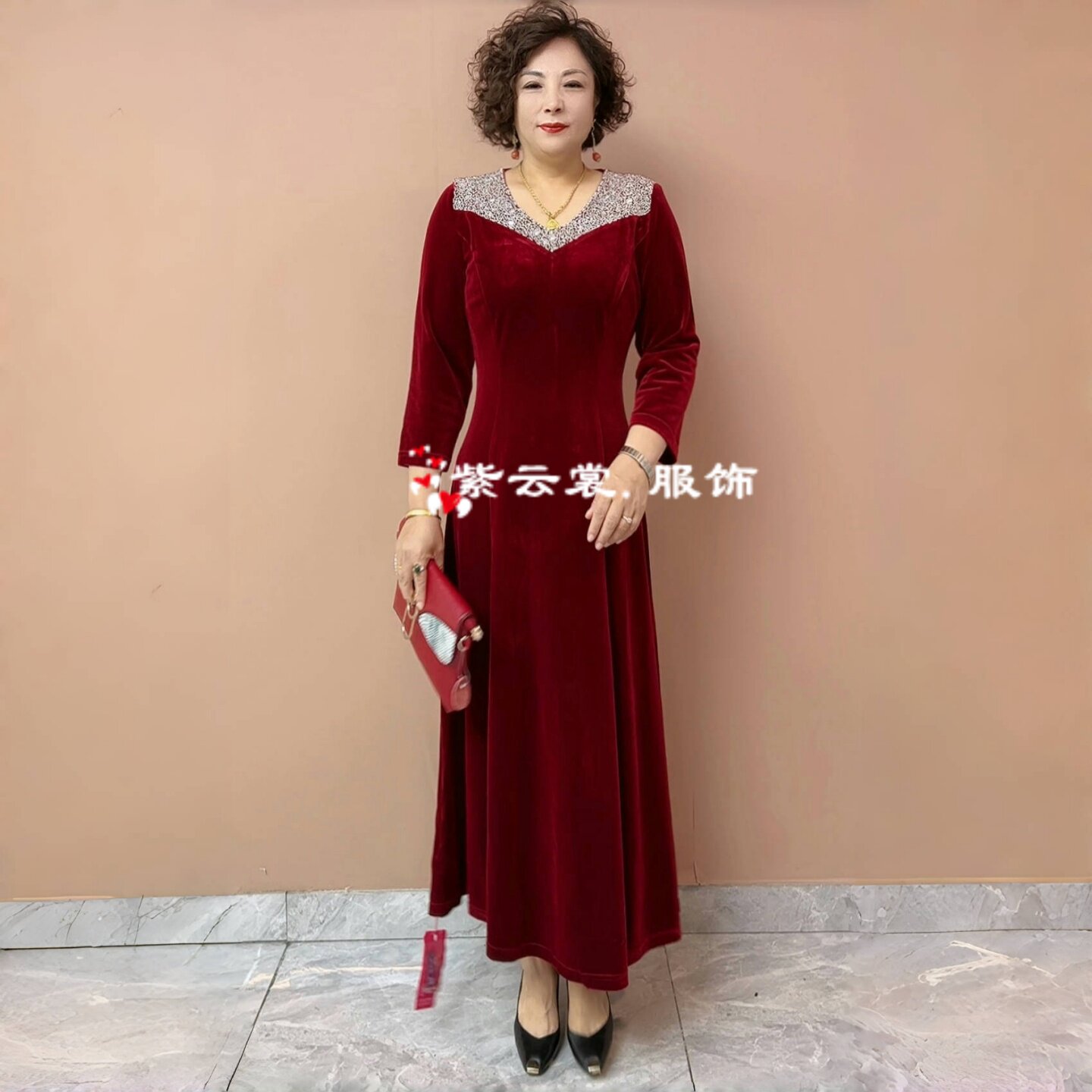 秋冬新款高端品牌婚礼宴会晚礼服丝绒洋气喜婆婆婚宴旗袍长连衣裙