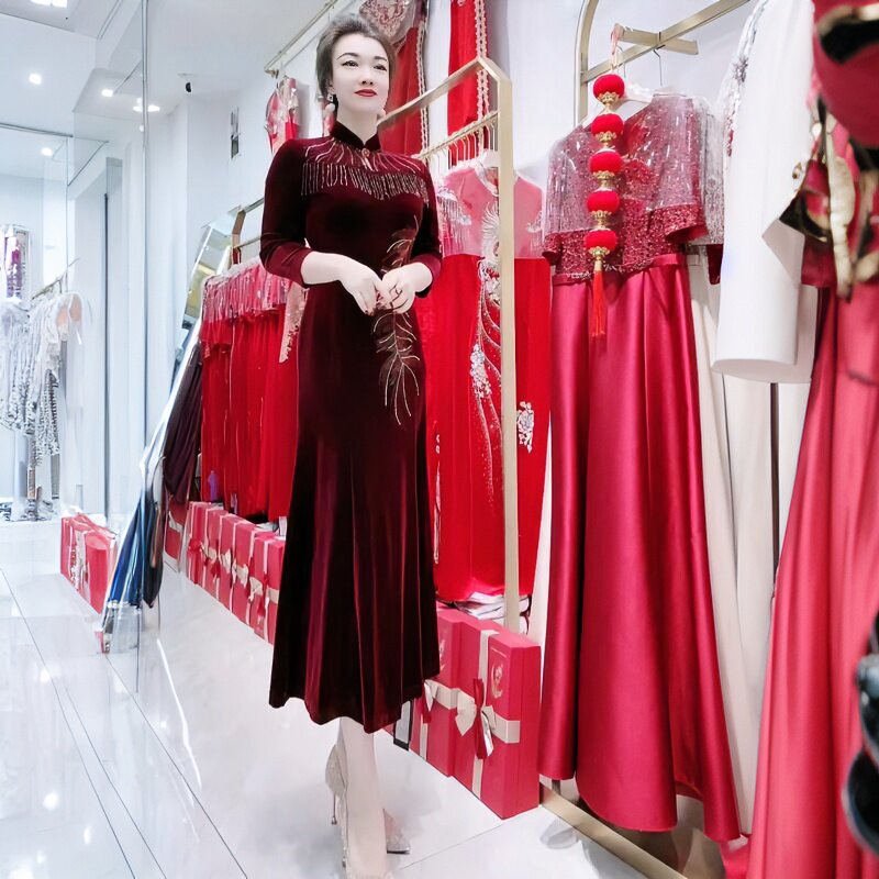 喜婆婆红色妈妈连衣裙秋装新中式复古金丝绒长款鱼尾晚礼服旗袍裙