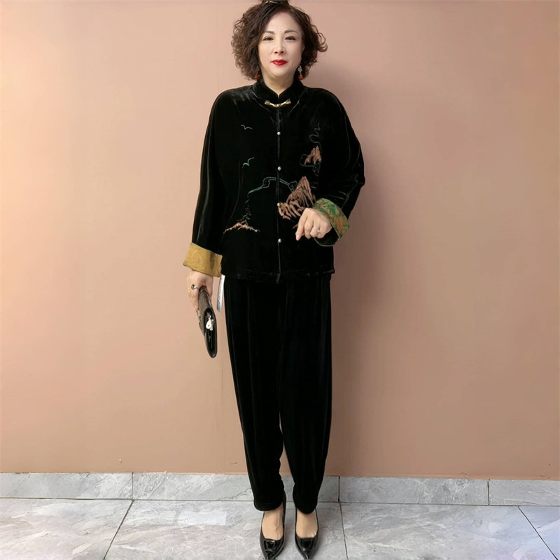 秋装国风新中式盘扣真丝绒开衫外套上衣妈妈遮肚子显瘦绣花两件套