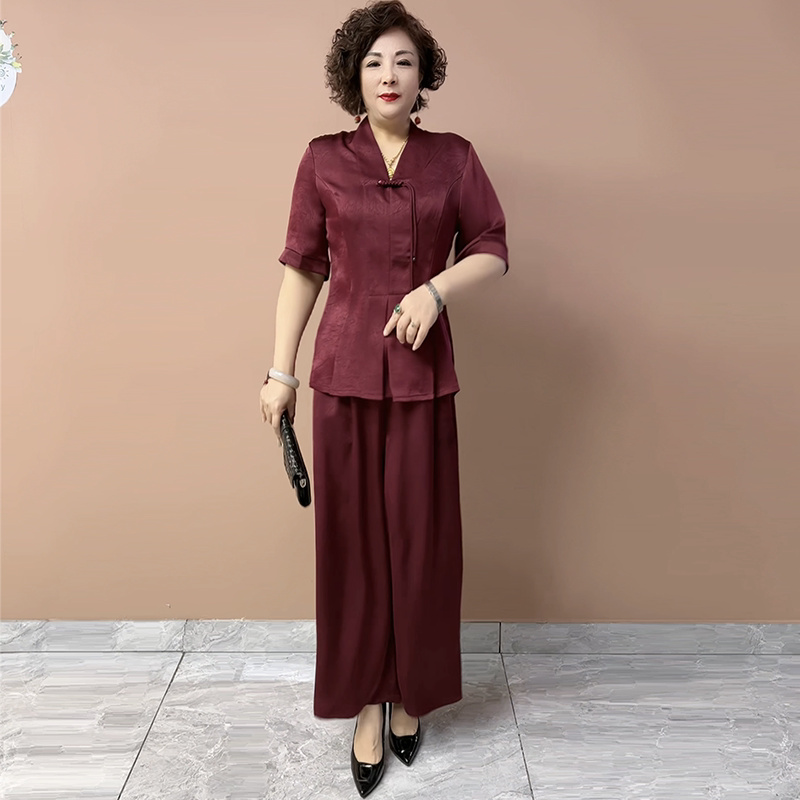高端阔太太夏季时尚中老年真丝缎衬衫遮肉显瘦阔腿裤桑蚕丝两件套