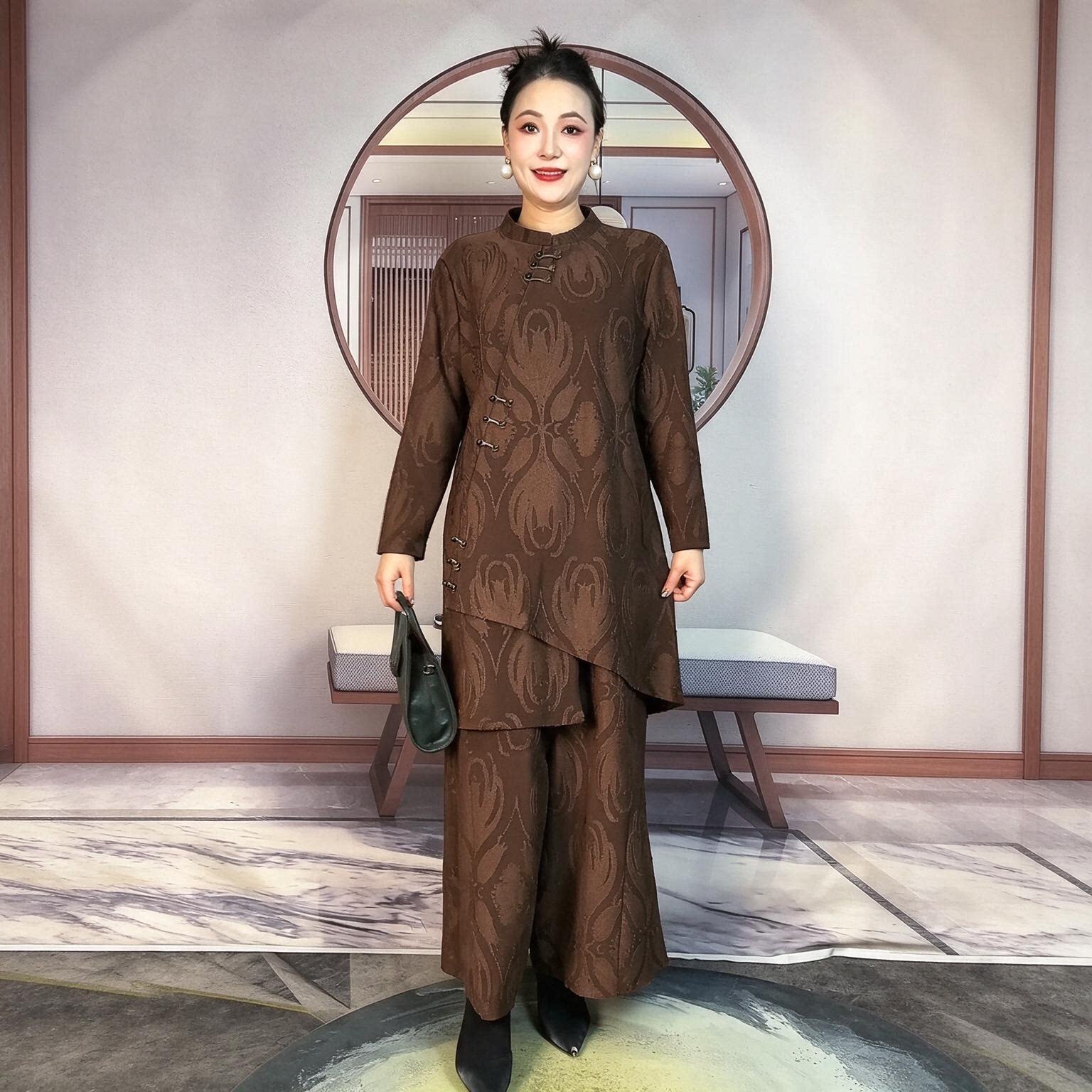 高端新中式提花中长款不规则上衣中年妈妈气质减龄阔腿裤两件套装