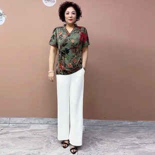 小個子媽媽兩件套裝 夏季 女 寬松闊腿褲 短袖 真絲襯衫 復古改良旗袍衫