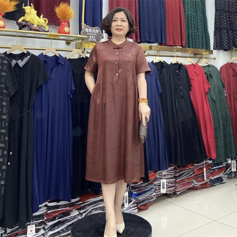 高端重磅真丝妈妈短袖连衣裙加肥大码国风中老年200斤桑蚕丝裙子