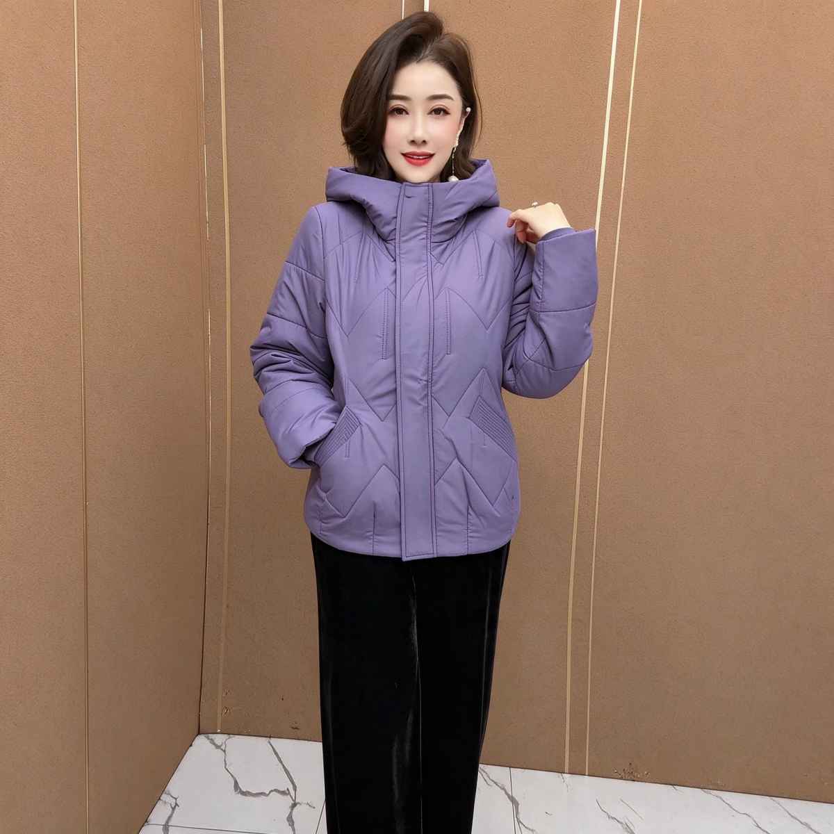时尚连帽棉服冬季加厚棉袄保暖棉衣中老年妈妈装宽松大码中长外套