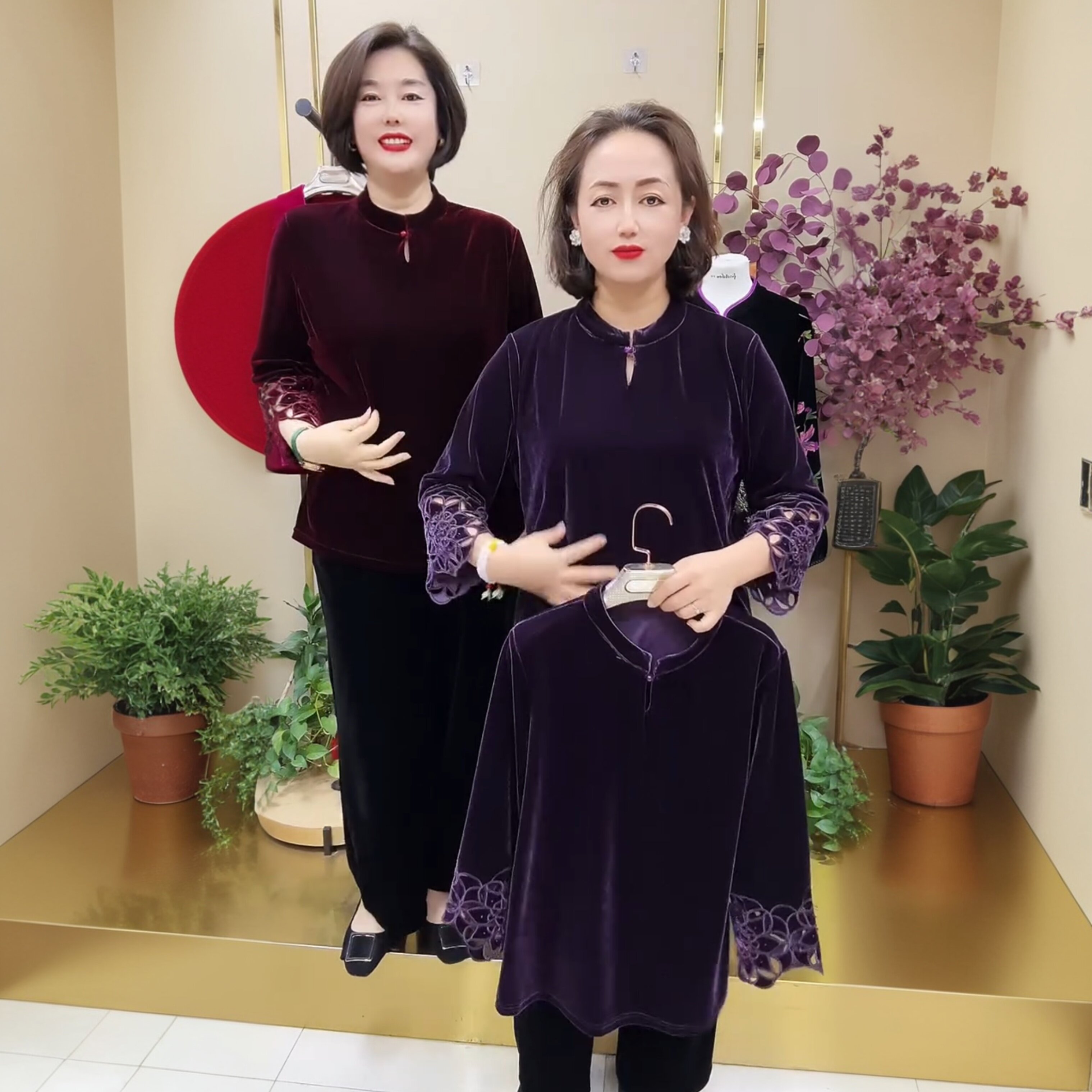 秋冬时尚新款钩花丝绒立领旗袍衫中老年妈妈装高级感上衣打底小衫
