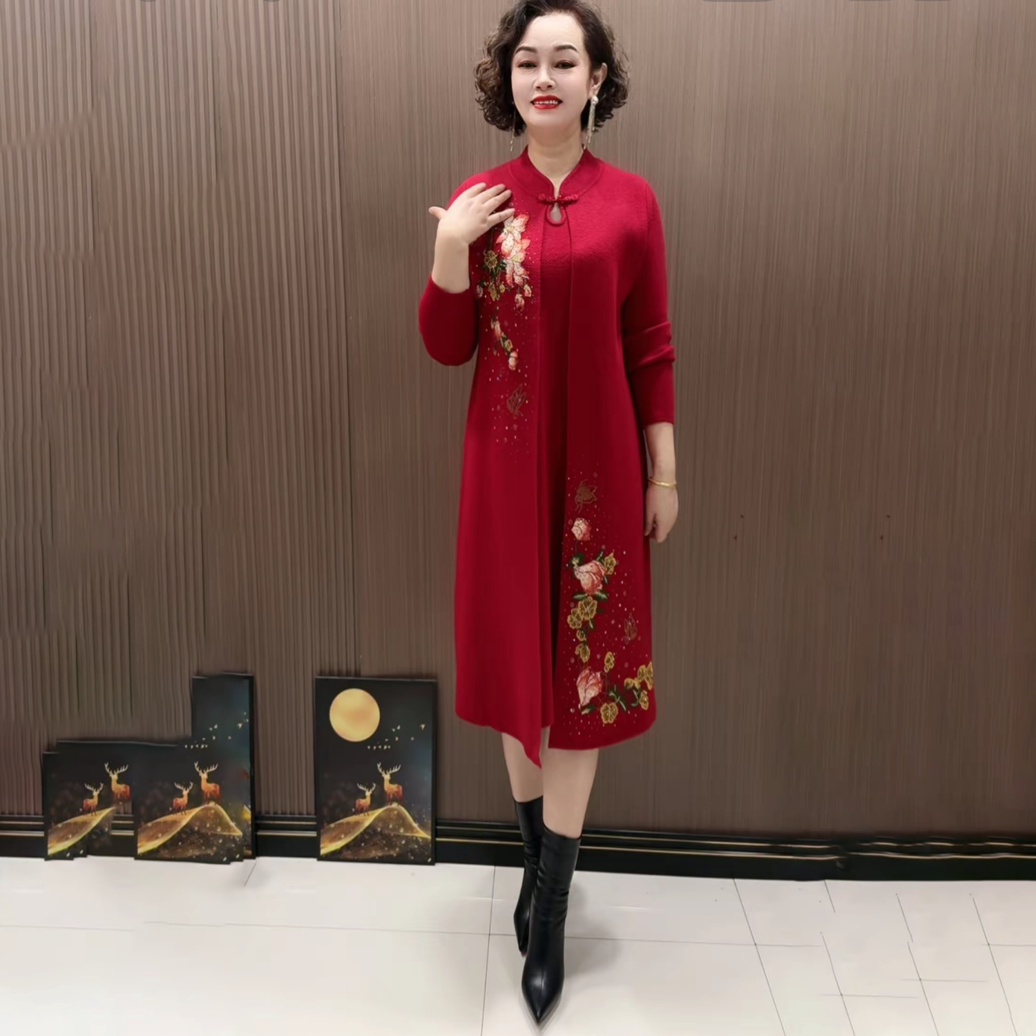 高贵喜婆婆刺绣改良旗袍秋冬长款连衣裙结婚宴礼服妈妈针织羊毛裙