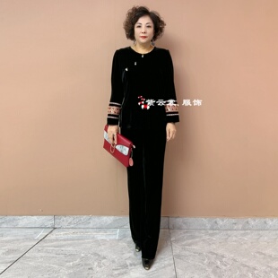 新中式金丝绒黑色上衣中国风复古丝绒T恤衬衫女高级感亮片打底衫