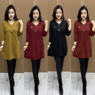 弹力中长款 秋冬高端时尚 宽松妈妈装 衫 打底毛衣裙 洋气V领针织大版
