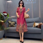 宽松遮肉大码 夏季 短袖 褶皱气质弹力连衣裙短袖 妈妈装 洋气印花长裙