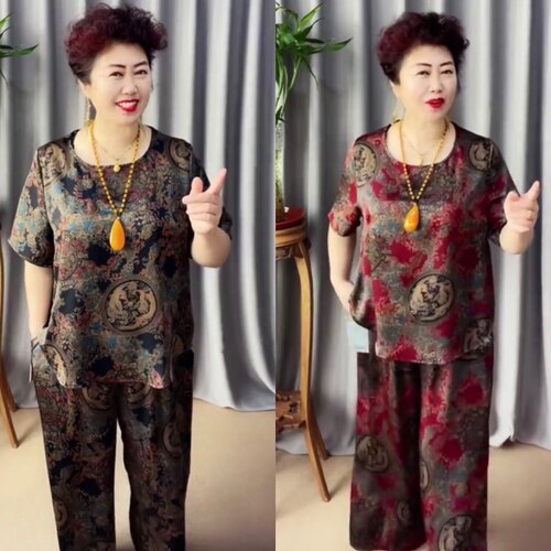 中老年夏装真丝两件套装