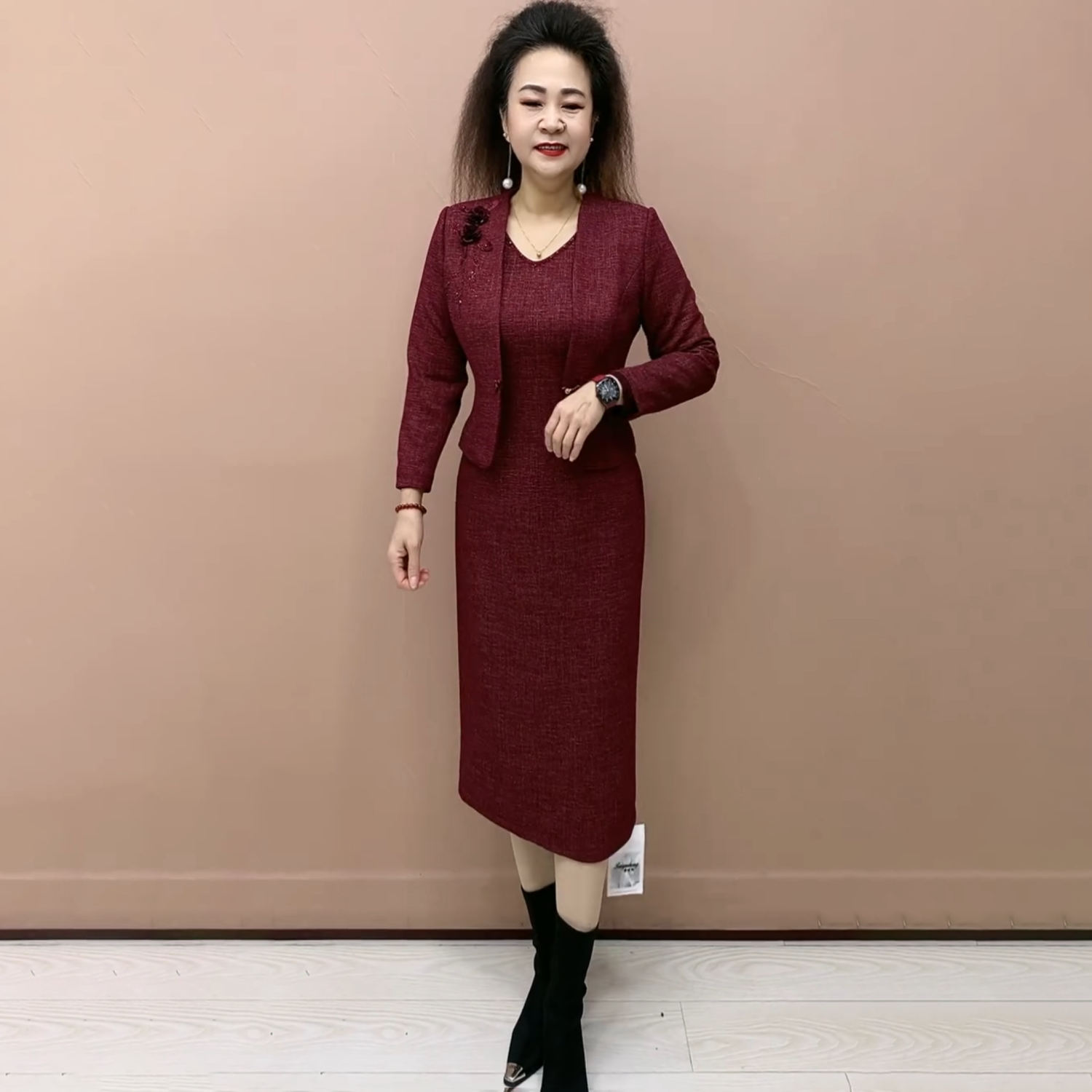 喜婆婆婚宴旗袍裙秋冬新款敬酒服优雅气质长袖两件套妈妈连衣裙