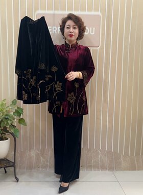 金丝绒中式中老年外套春秋中长款宽松大码显瘦时尚妈妈装风衣盘扣