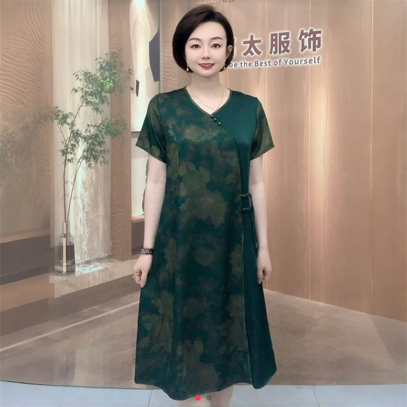 中年妈妈香云纱真丝连衣裙女夏季短袖新款高端洋气遮肉显瘦长裙子