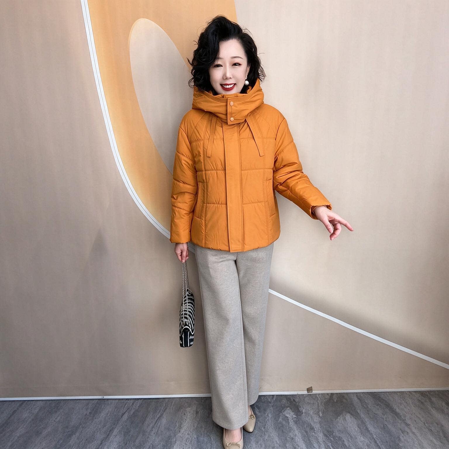时尚连帽棉服冬季加厚棉袄保暖棉衣中老年妈妈装纯色洋气时尚棉衣