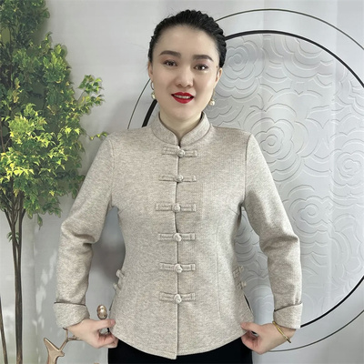 2025春季新款中老年妈妈装加厚上衣弹力显瘦复古盘扣旗袍开衫外套