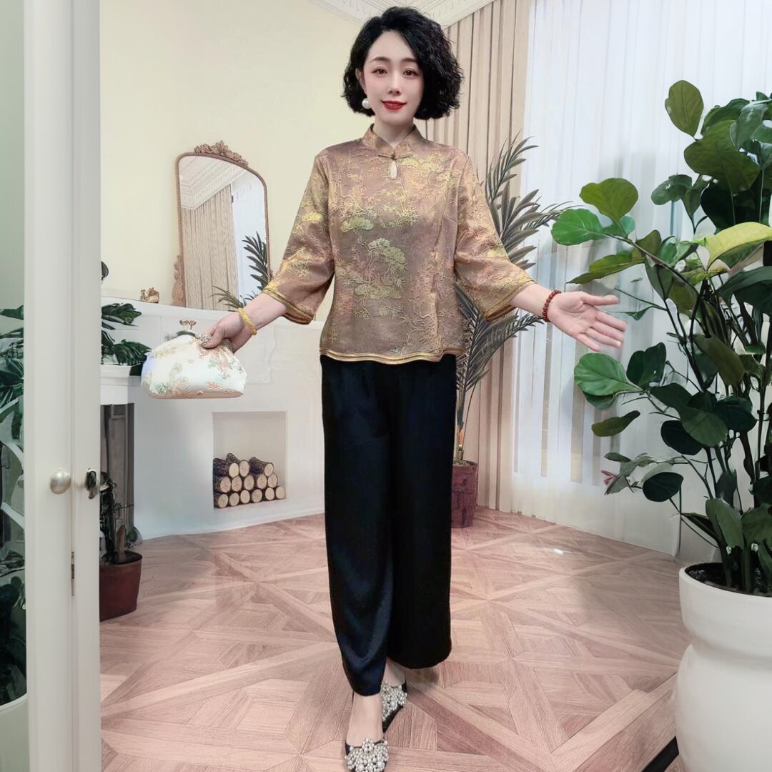 国风新款夏季短袖浮光锦丝缎上衣宽松洋气妈妈装减龄旗袍短款小衫