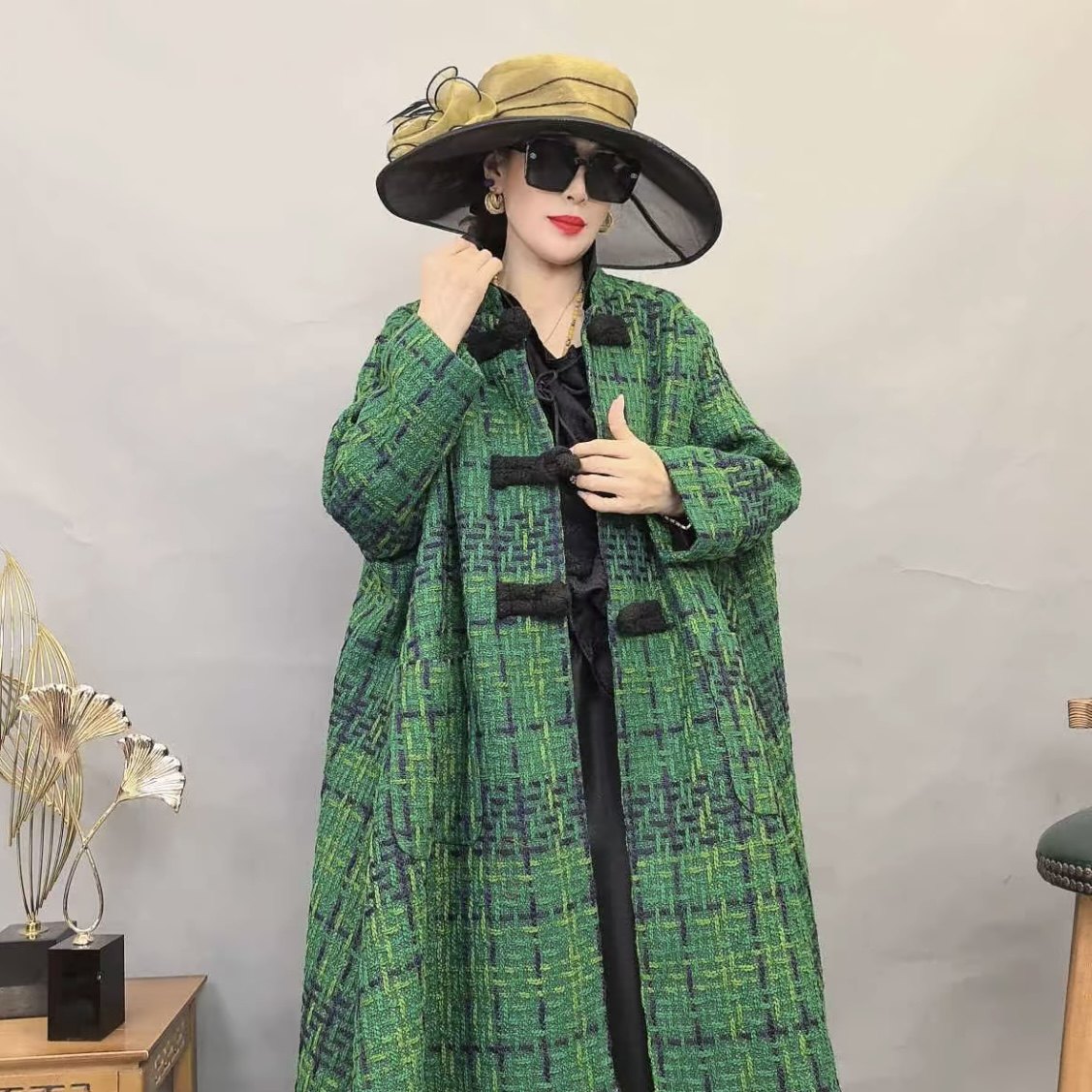 原创欧货秋冬阔太太高端复古毛呢格子风衣外套气质宽松长款大衣女,女装/女士精品,风衣,淘宝优惠券,粉丝福利购,淘宝优惠卷