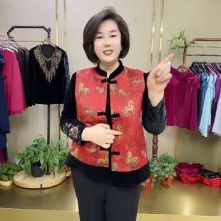 中老年妈妈冬春装新品国风马甲外套坎肩内搭宽松大码时尚洋气马夹