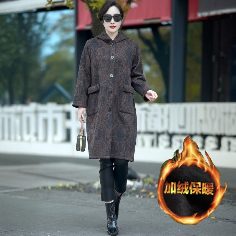 高端气质妈妈装中长款风衣冬季加厚加绒保暖气质宽松上衣大码外套