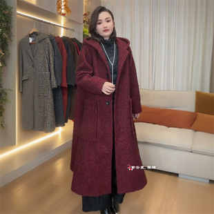 欧货加肥大码高档毛呢连帽外套时尚羊毛宽松妈妈装长款轻奢大衣女