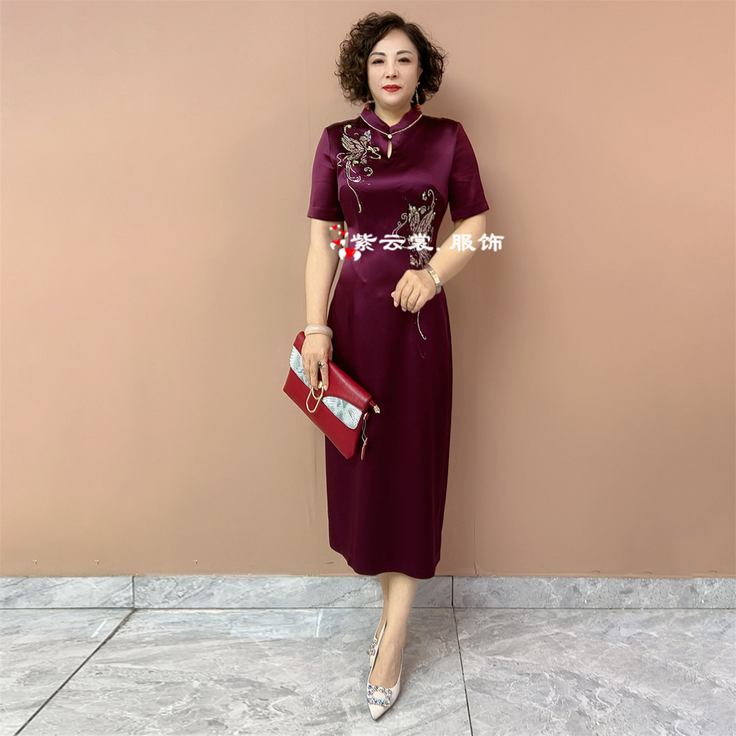 高贵喜婆婆婚宴短袖年轻结婚妈妈装礼服中式旗袍醋酸缎大码连衣裙