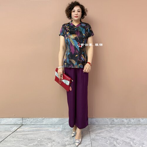 夏季国风醋酸短袖洋气旗袍衫上衣复古中年妈妈宽松遮肉小衫套装