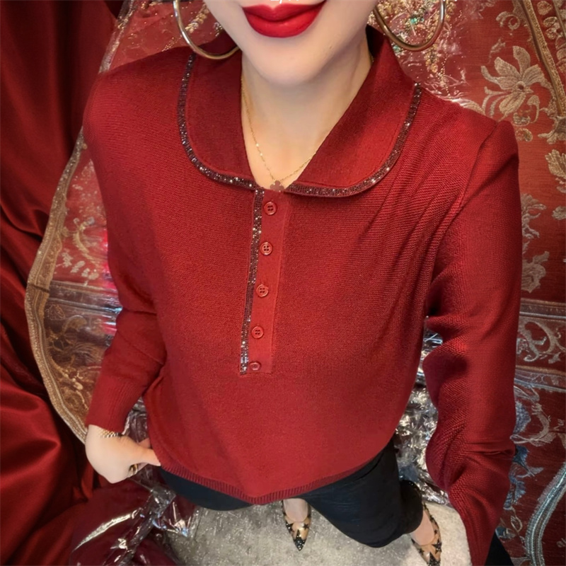 2025时尚气质中年妈妈装打底冰麻针织衫秋冬长袖宽松遮肉烫钻毛衣