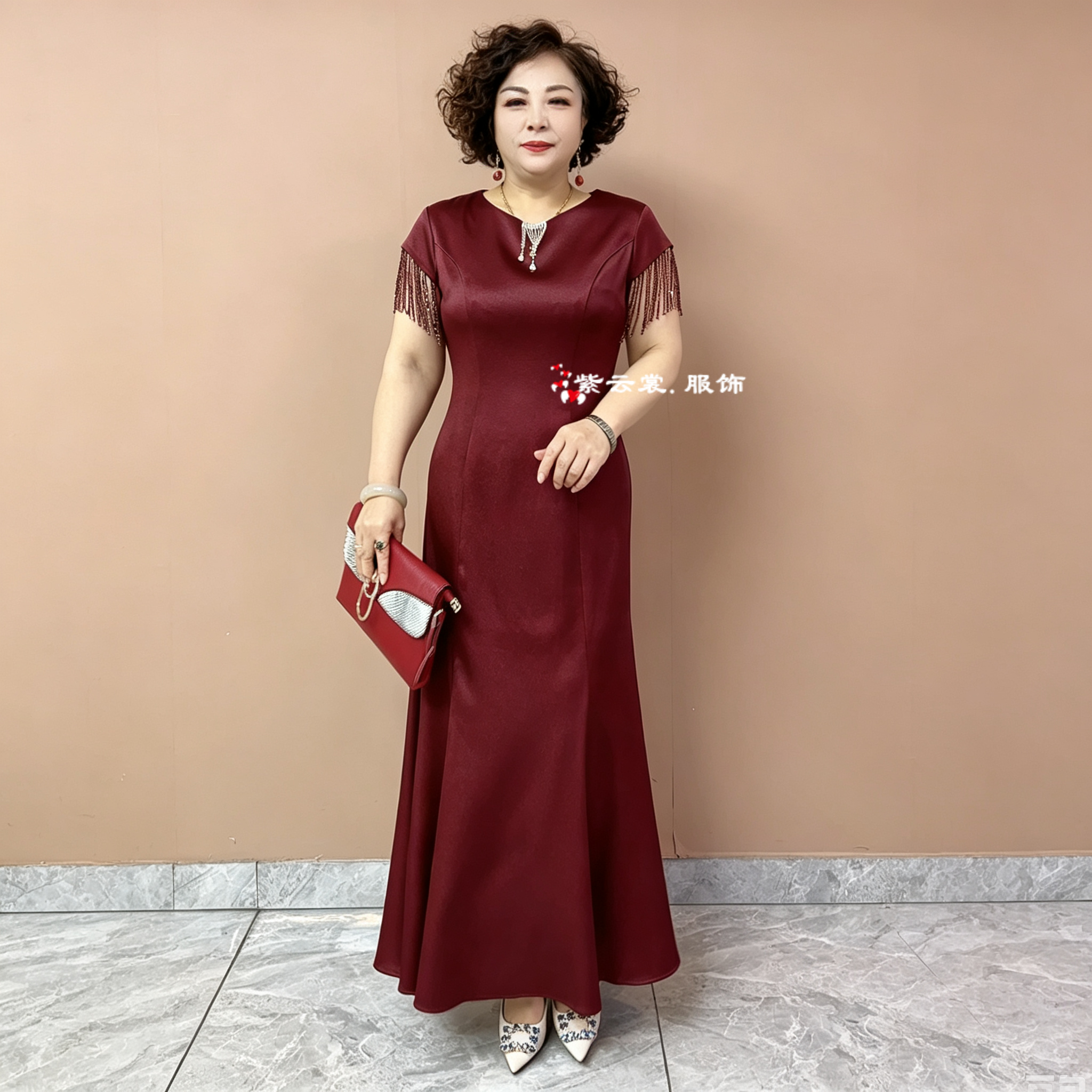 喜婆婆婚宴妈妈装婚礼短袖醋酸旗袍结婚喜服长款鱼尾晚礼服连衣裙