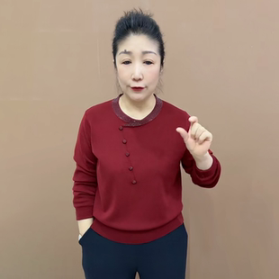 秋冬中年妈妈装圆领镶钻针织衫长袖宽松大码洋气打底小衫毛衣上衣
