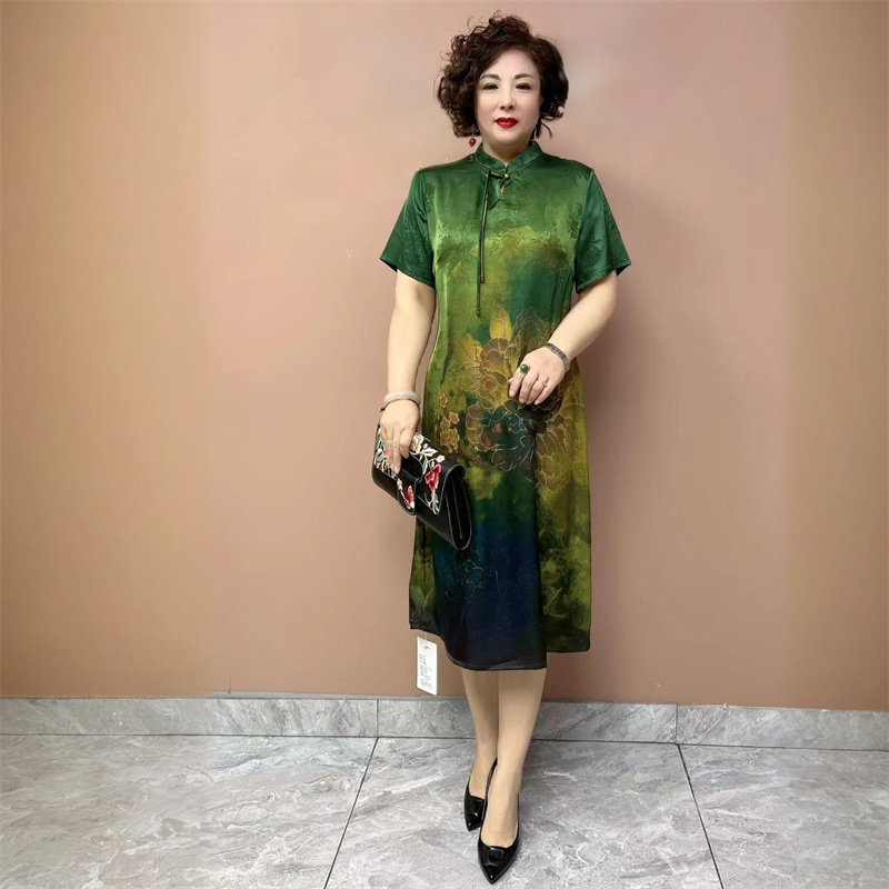 高端真丝国风连衣裙夏季短袖香云纱宽松遮肉旗袍裙子妈妈装中长裙