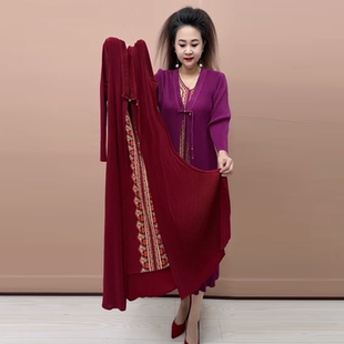 春季新款时尚气质高端中年妈妈装假两件撞色连衣裙弹力风衣长裙子