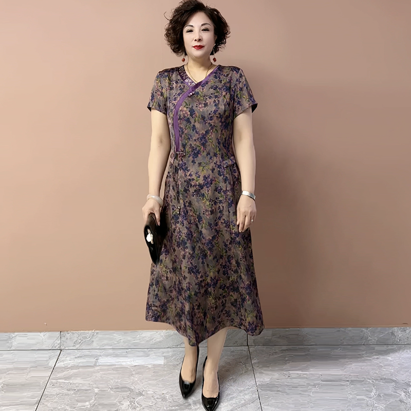 夏季妈妈V领真丝缎短袖新中式旗袍连衣裙收腰显瘦阔太太过膝长裙
