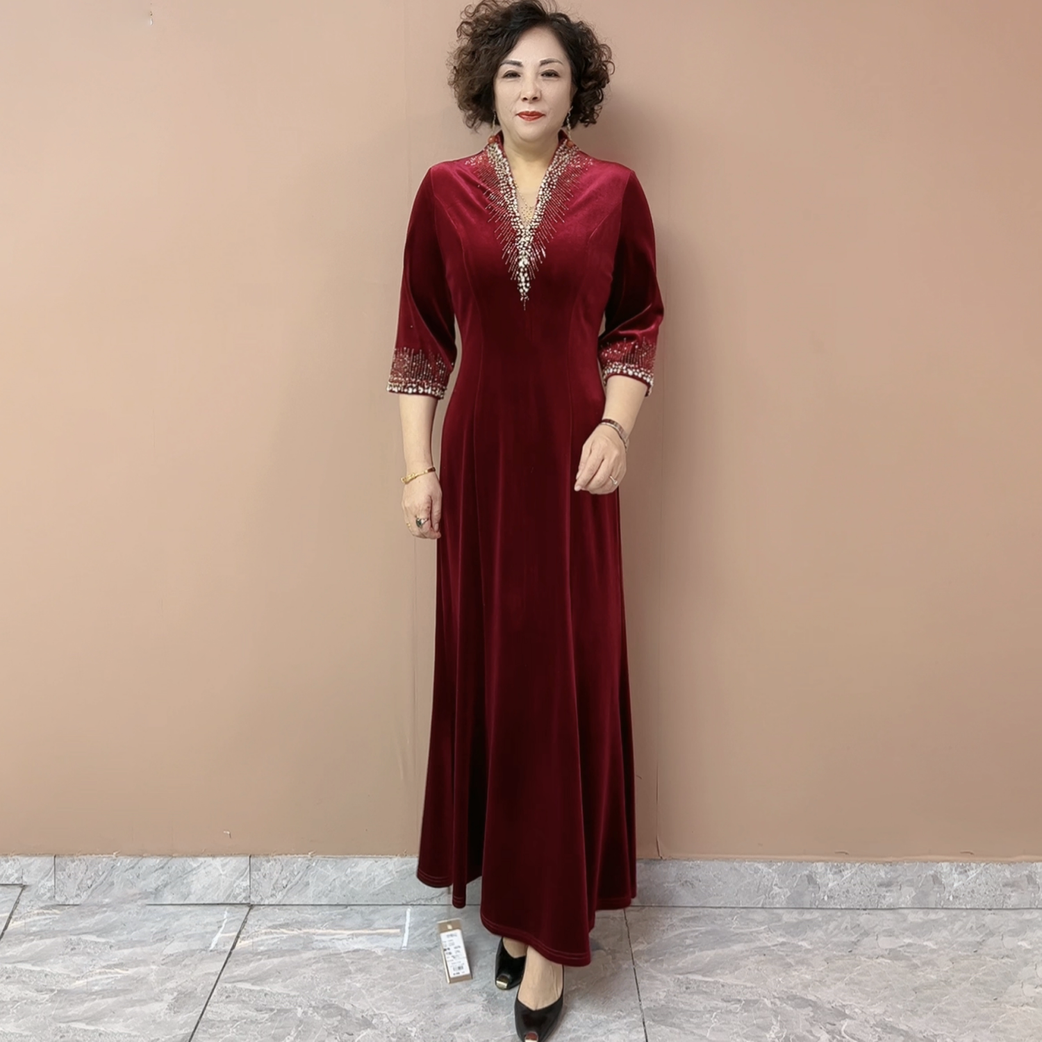 喜妈妈装结婚礼服喜婆婆婚宴装金丝绒加长款妈妈装鱼尾晚礼服长裙