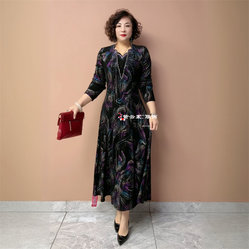 专柜正品高端年轻妈妈长袖醋酸弹力收腰显瘦过膝轻奢大码长连衣裙