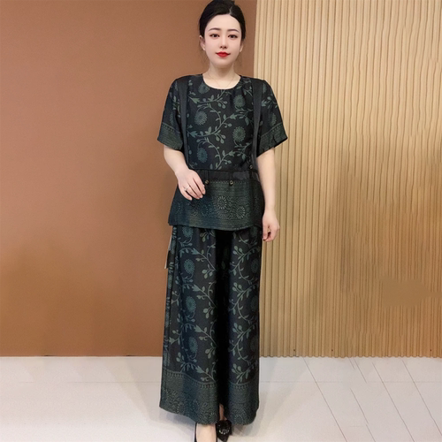 高端时尚宽松大码休闲夏季短袖中老年妈妈醋酸加肥阔腿裤两件套装