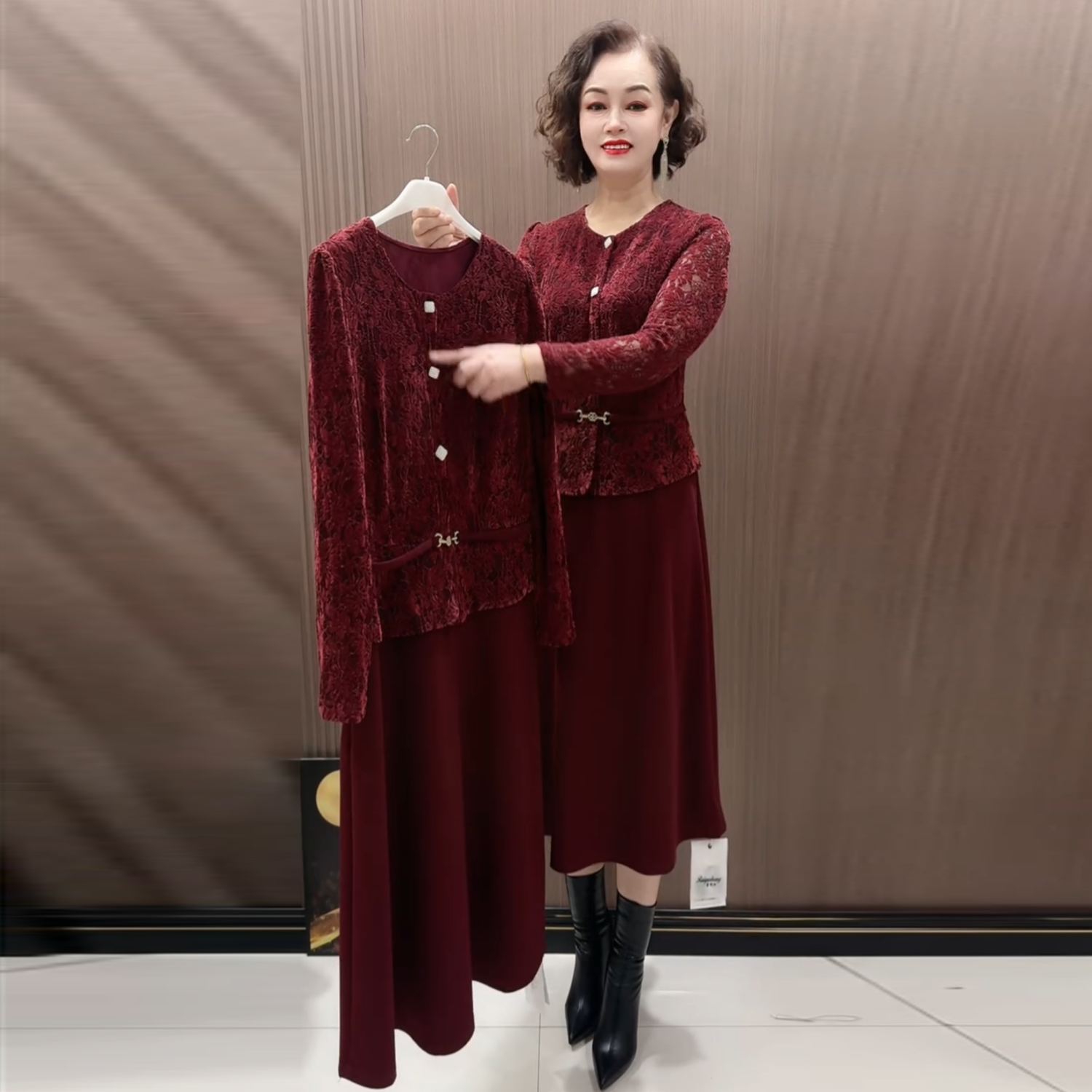 阔太太连衣裙洋气弹力蕾丝裙子春装新款长袖假两件遮肉显瘦连衣裙