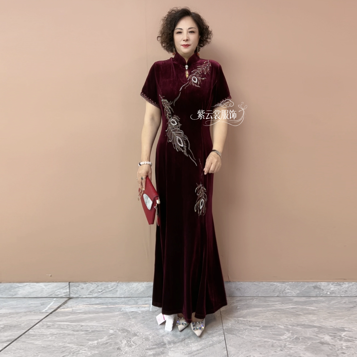 高端气质镶钻绣花连衣裙年轻妈妈旗袍结婚喜婆婆订婚礼服鱼尾长裙