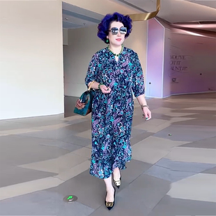 欧货高端夏季遮肉宽松时尚长款妈妈装洋气大码乔其纱沙滩连衣裙女