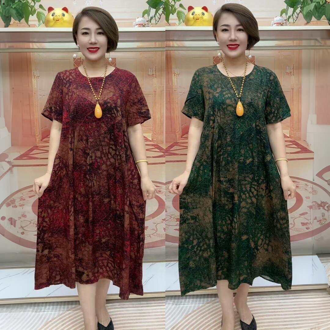 中老年妈妈夏装短袖洋气大码长款加肥碎花短袖棉麻宽松舒适连衣裙
