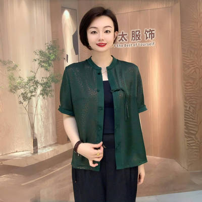 2025夏季短袖新中式妈妈真丝衬衫时尚减龄遮肚子大码开衫洋气外套