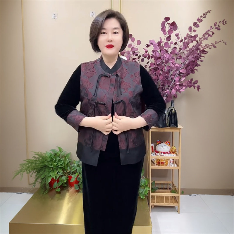 高端春秋中年妈妈国风提花马夹时尚宽松大码马甲外套坎肩两件套装
