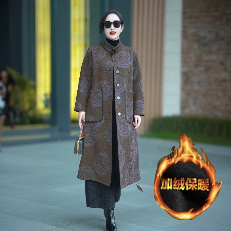 高端风衣秋冬加绒加厚保暖高品质提花长款显瘦气质大衣妈妈装外套