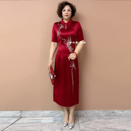 高贵气质喜婆婆婚宴短袖妈妈装礼服中式立领改良旗袍醋酸缎连衣裙