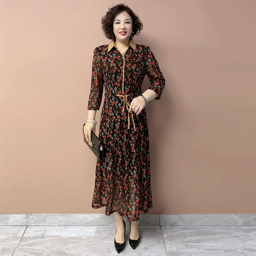 中年妈妈春夏洋气连衣裙2025新款高端时尚女装弹力台湾纱碎花长裙
